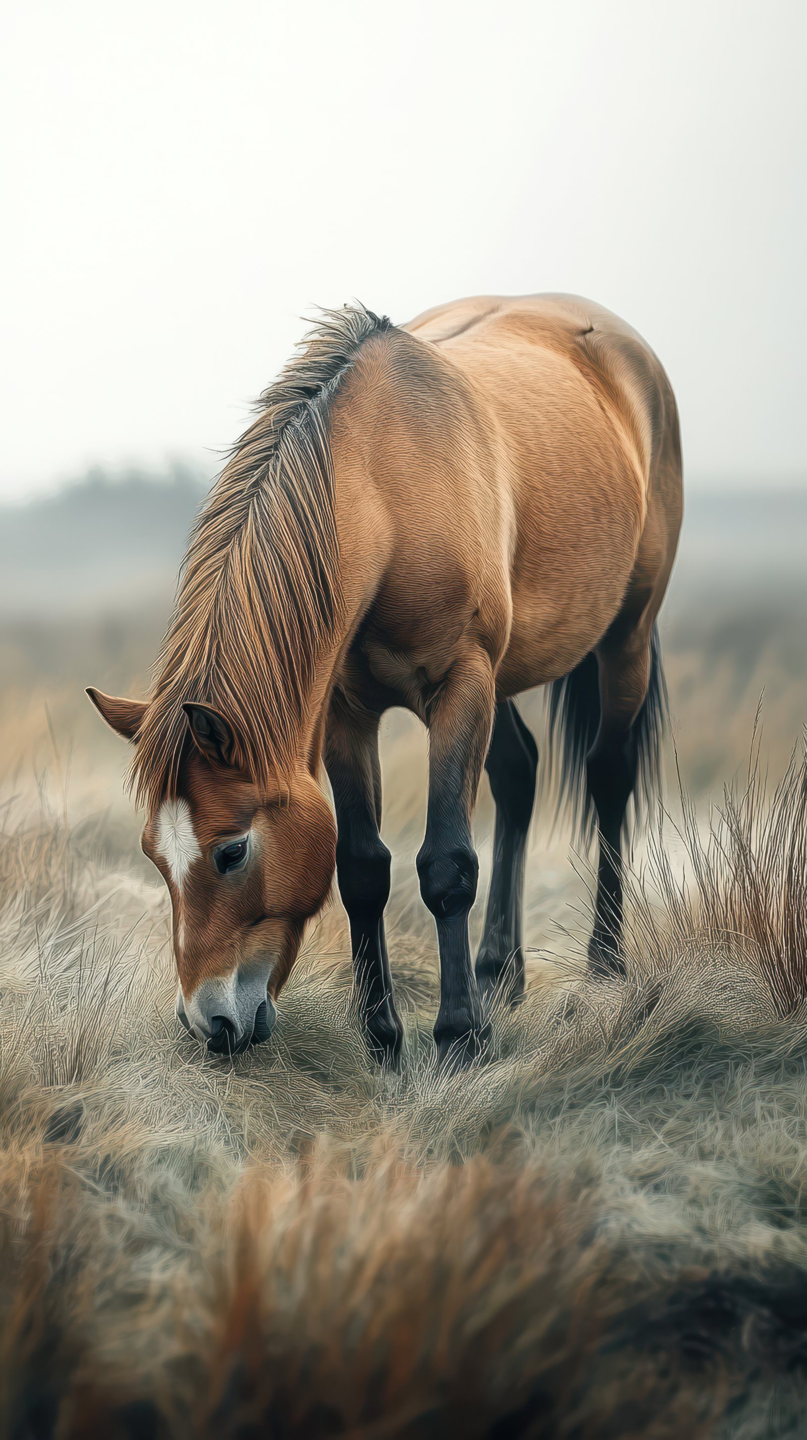 Horse grazing in a misty landscape at dawn with soft light illuminating the grass
